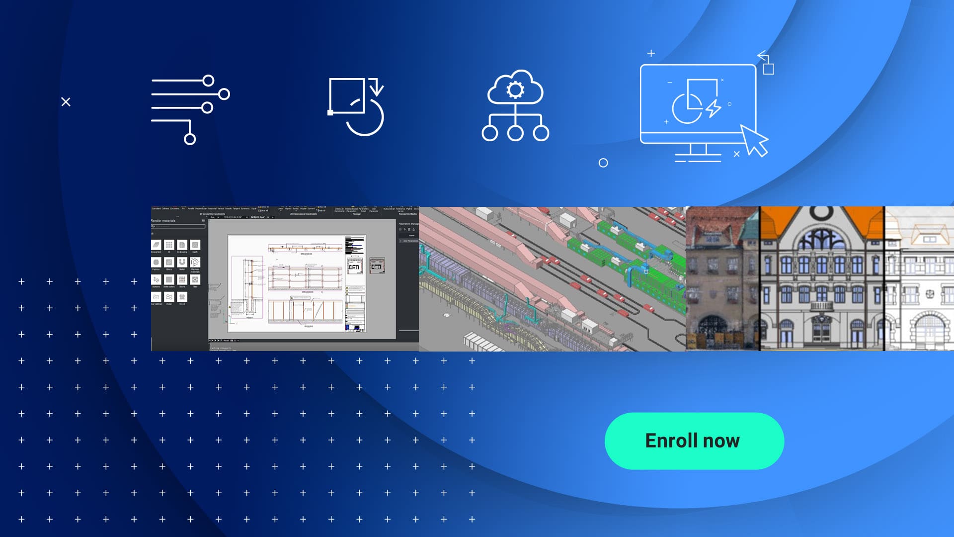 A visual showing icons and screenshots of applications of the BricsCAD platform