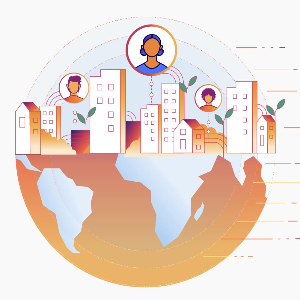 Illustration of a globe with buildings, plants, and user icons connected by lines.