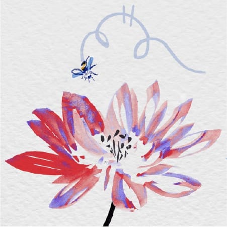 Watercolor painting of red and purple lotus flower with blue butterfly and decorative swirl above
