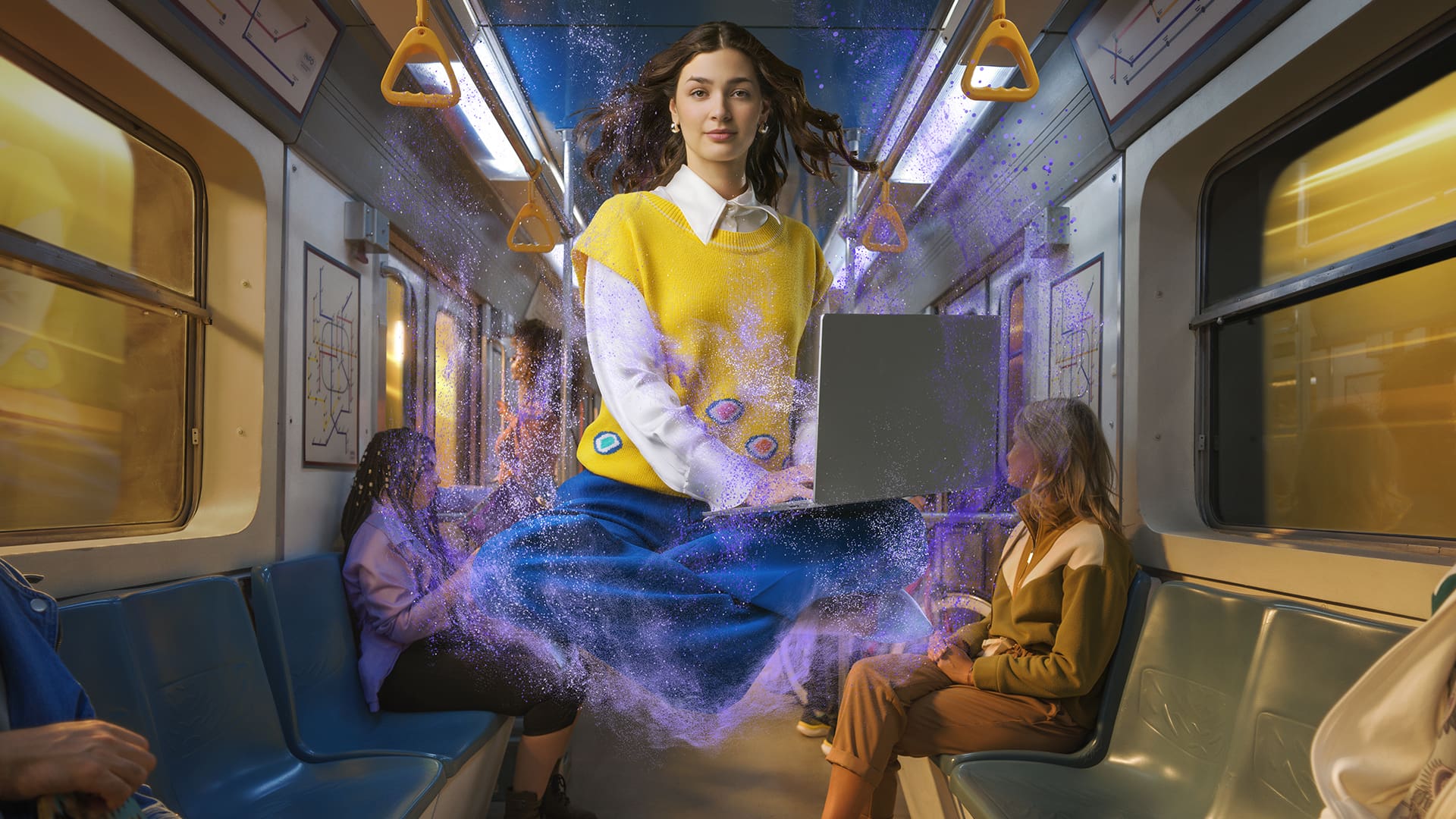 A person in a yellow sweater types on a laptop, surrounded by a colorful, swirling effect in a subway.